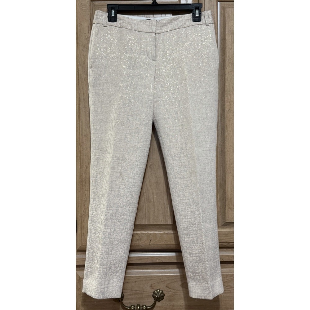 EXPRESS EDITOR Trouser Dress Pants SZ 0R Crop Beige Textured Metallic Gold Shine